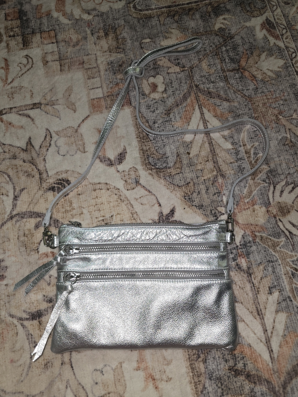 Clarks Metallic Silver Crossbody Bag with Multiple Zips